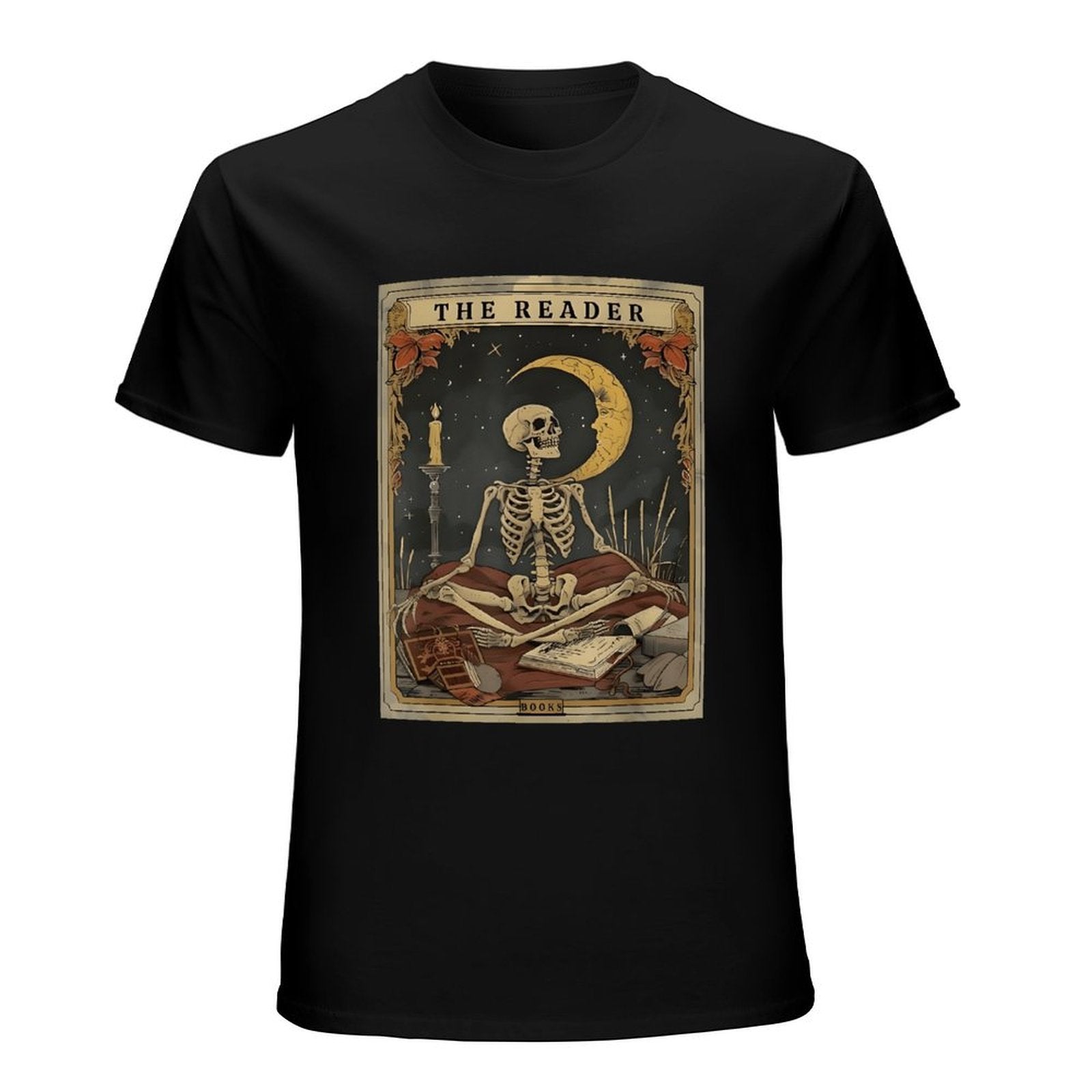 Inkmay Casual  Cotton T-shirt The Reader Skeleton With Crescent Moon Unisex T-shirtSimpleFit RelaxFit T-Shirt
