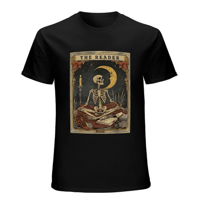 Inkmay Casual  Cotton T-shirt The Reader Skeleton With Crescent Moon Unisex T-shirtSimpleFit RelaxFit T-Shirt
