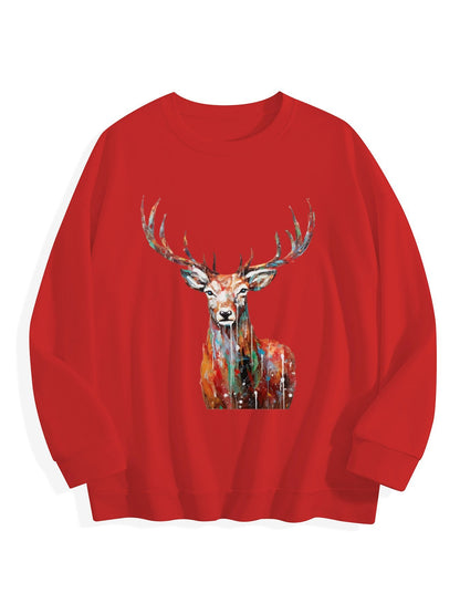 Customizable Christmas-themed long-sleeved shirt with oil painting of reindeer
