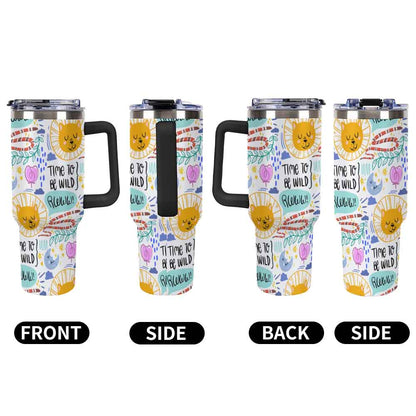 Travel Mug with Handle White Colorful Sun Moon Stars and Time to Be Wild Print for Outdoor Adventures