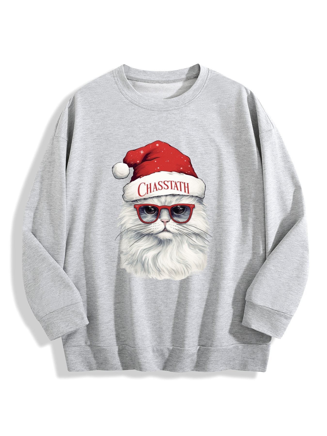 Customizable Christmas-themed long-sleeved shirt, paired with cat-themed glasses.