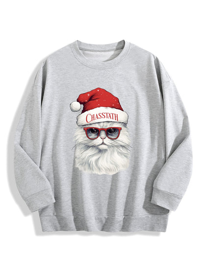 Customizable Christmas-themed long-sleeved shirt, paired with cat-themed glasses.