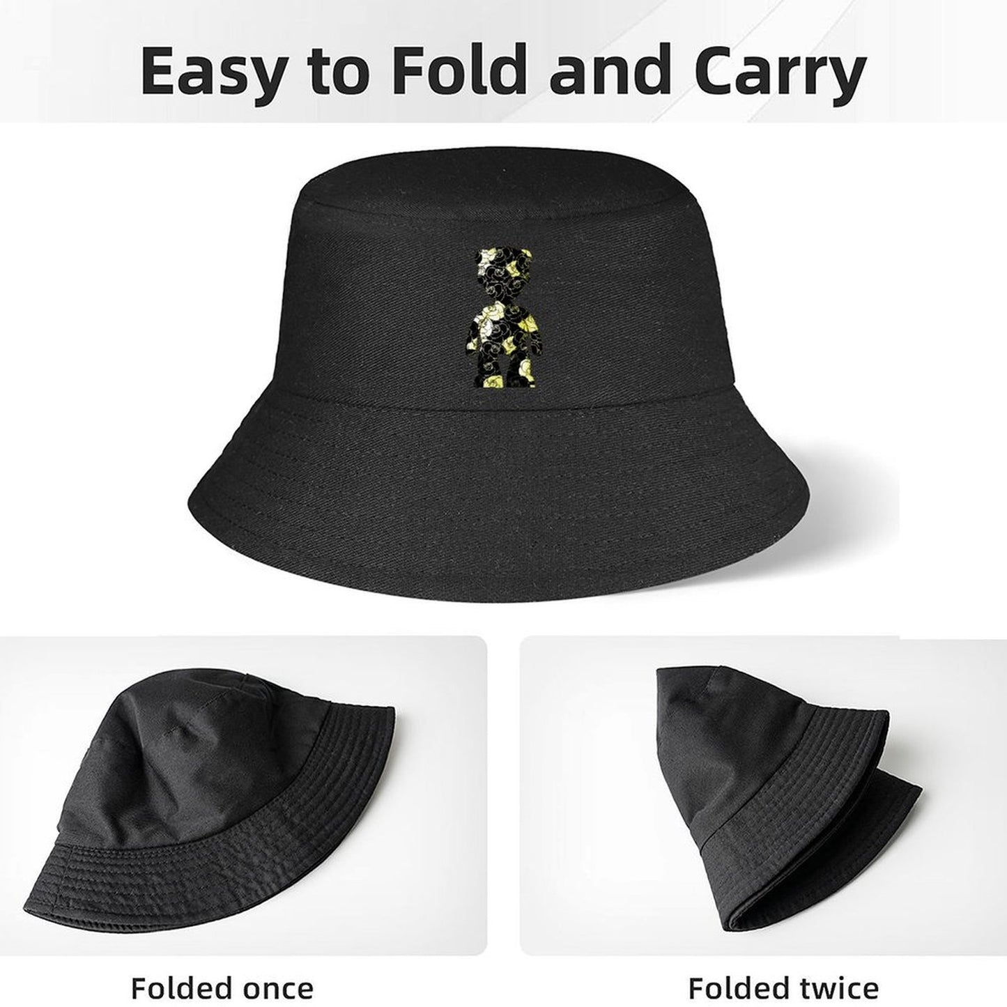 Shiny Black Bucket Hat with Cool Graphic Design