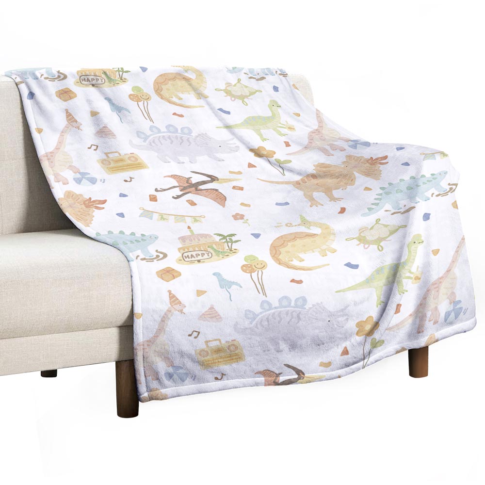 Dinosaur Print Blanket White with Multicolor Dinosaurs and Moon Pattern for Cozy Bedding