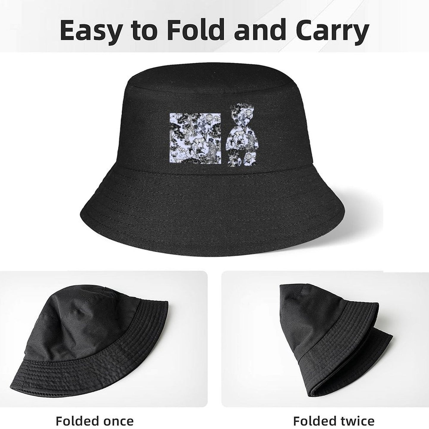 Black Bucket Hat with Abstract Pattern Print