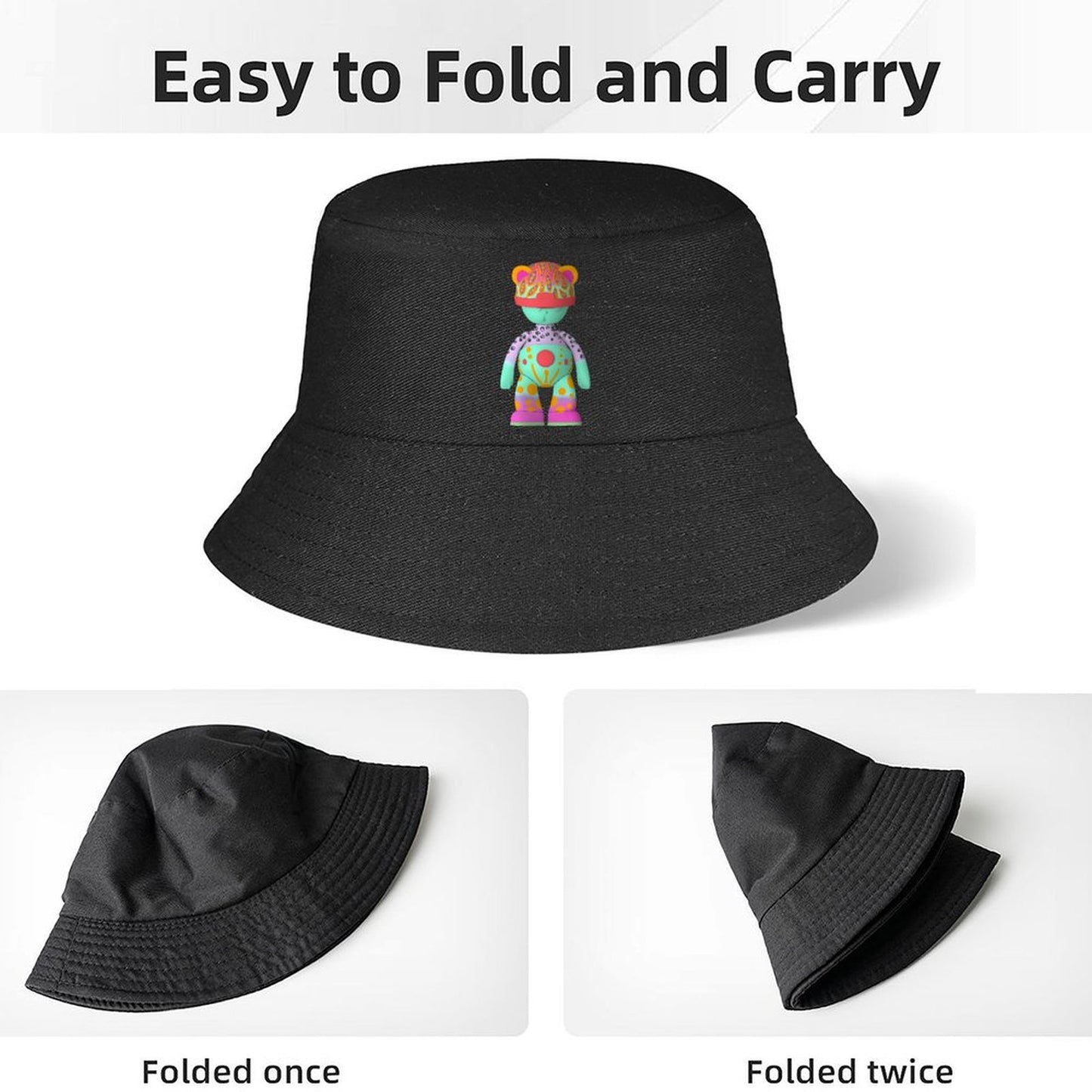 Black Bucket Hat with Printed Graphic Design
