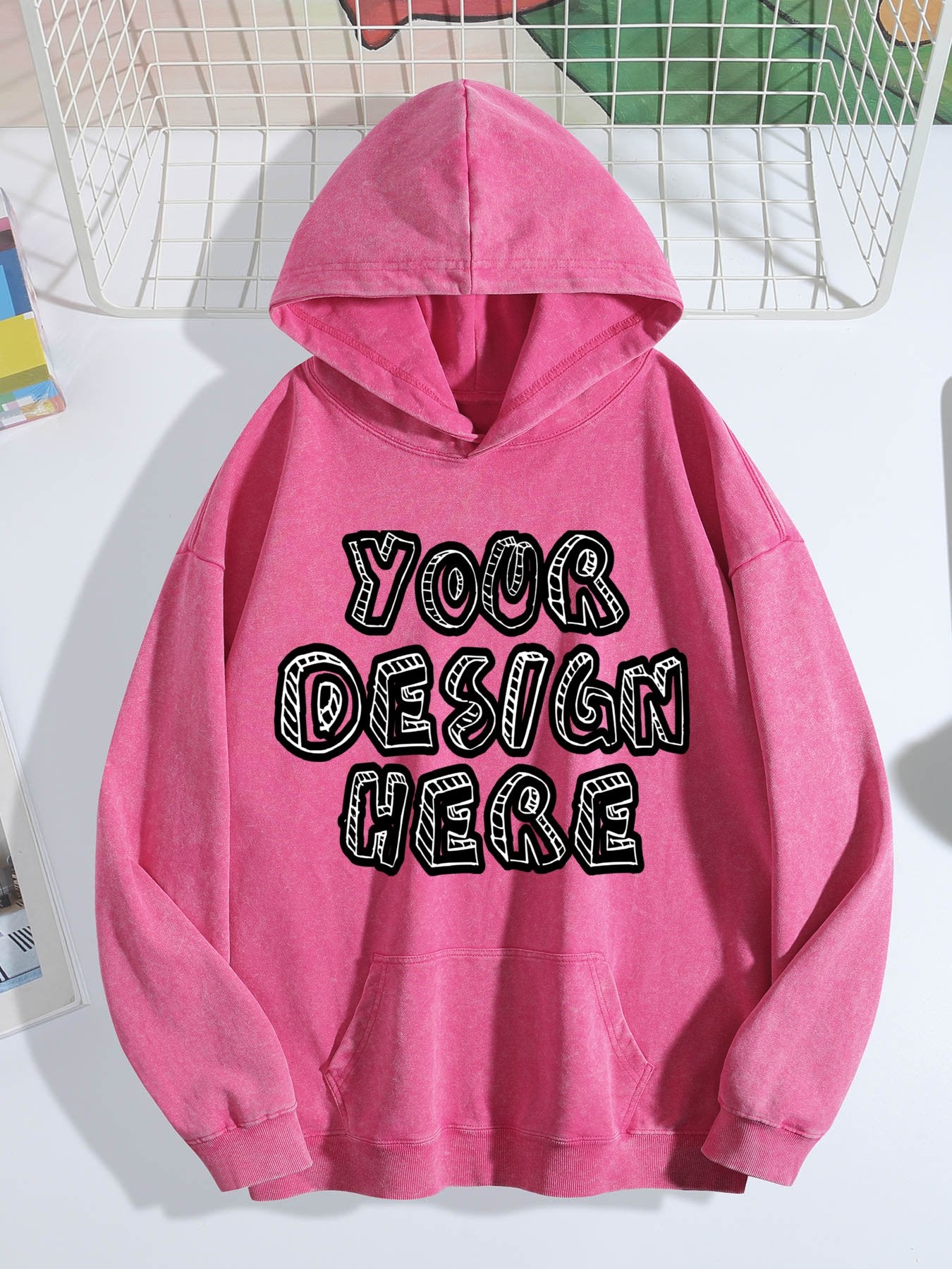 Washed Vintage Hoodie Without Drawstring - Bright Pink