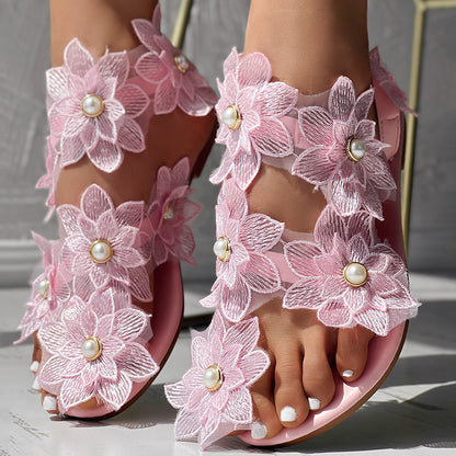 Women’s PU Flat Sandals with Floral Design, Comfortable Summer Shoes for Daily Wear Sale