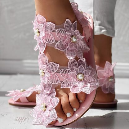 Women’s PU Flat Sandals with Floral Design, Comfortable Summer Shoes for Daily Wear Sale