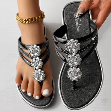 Blue Rhinestone Flower Sandals Women Flat Shoes Clearance Sale