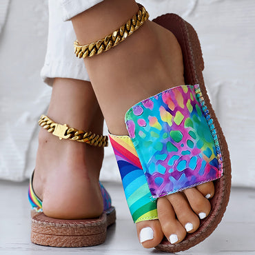 Women’s Rainbow Print Flat Sandals Casual Colorful Slip On Summer Shoes