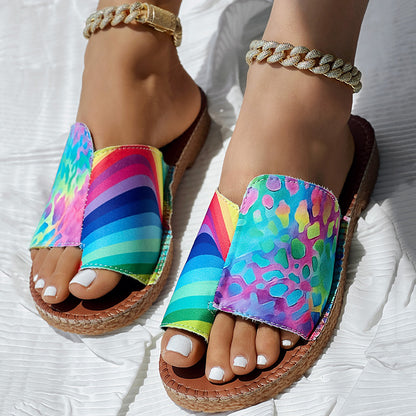 Women’s Rainbow Print Flat Sandals Casual Colorful Slip On Summer Shoes